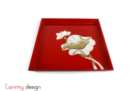 Small red square lacquer tray hand-painted with lotus 22 cm